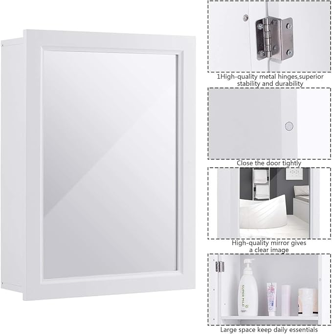 FUTADA Bathroom Medicine Cabinet with Mirror, Wall-Mounted Storage Organizer, Adjustable Shelf & Single Door, Modern Mirror Cabinet for Living Room, Bedroom, Hallway (White)