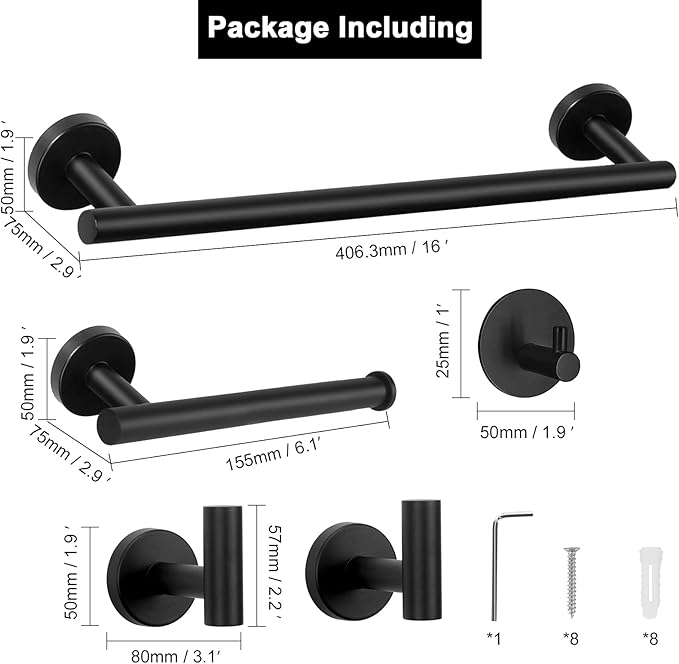 NearMoon Bathroom Hardware Set SUS 304 Thicken Stainless Steel-Towel Bar Set Include 16" Towel Rod, Toilet Paper Holder, Multifunctional Hooks Bathroom Accessories (Matte Black, 5 Pcs)