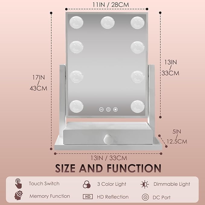 COLMERD Vanity Mirror with Lights with Drawer, Type-C and USB Charging Port, Hollywood Makeup Mirror with 9 LED Bulbs, 3 Colors Dimmable, Touch Control, Detachable 5X Magnification, Gifts for Women