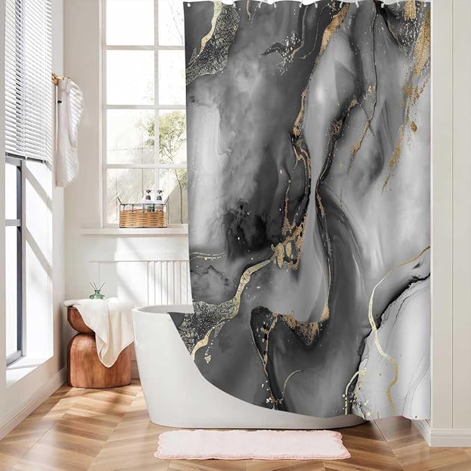 Black Gold Marble Shower Curtain for RV Bathroom Decor, Abstract Luxury Gray Golden Texture Marble Shower Curtains for Bathroom, Luxury Modern Waterproof Bath Decor 47x64 Inches