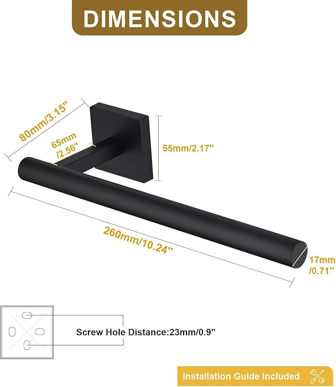 Black Hand Towel Holder,Thicken SUS 304 Stainless Steel Towel Bar Towel Ring for Bathroom, Modern Design Hand Towel Rack Towel Hanger Wall Mounted