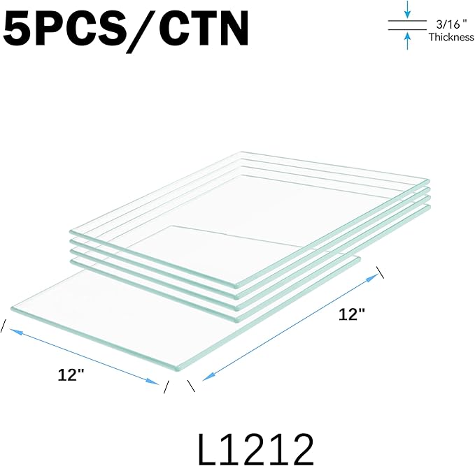 12" x 12" 5-PCS Tempered Glass Shelf, Rectangular Frameless Glass Shelves - 3/16" Thick, Suitable for Bookshelves, Display Cases, Retail Fixtures and Tabletops