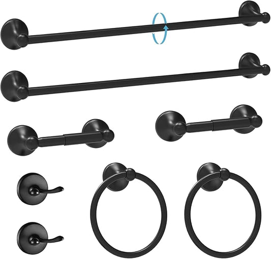 Newfun 8-Pieces 24 Inch Matte Black Bathroom Hardware Set, Bathroom Accessory Set, Includes 24" Adjustable Bath Towel Bar, Towel Rings Wall Mounted, Toilet Paper Holder, Robe Towel Hooks