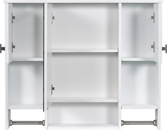 Merax Medicine Cabinet with Mirror, Wall Mount Bathroom Cabinet 35" x 28" Over Toilet Storage Cabinet Organizer with Doors, Open Shelves, and Towel Bars, Mirrored Bathroom Wall Cabinet