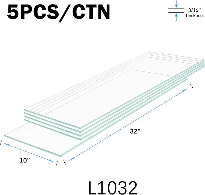 10" x 32" 5-PCS Tempered Glass Shelf, Rectangular Frameless Glass Shelves - 3/16" Thick, Suitable for Bookshelves, Display Cases, Retail Fixtures and Tabletops