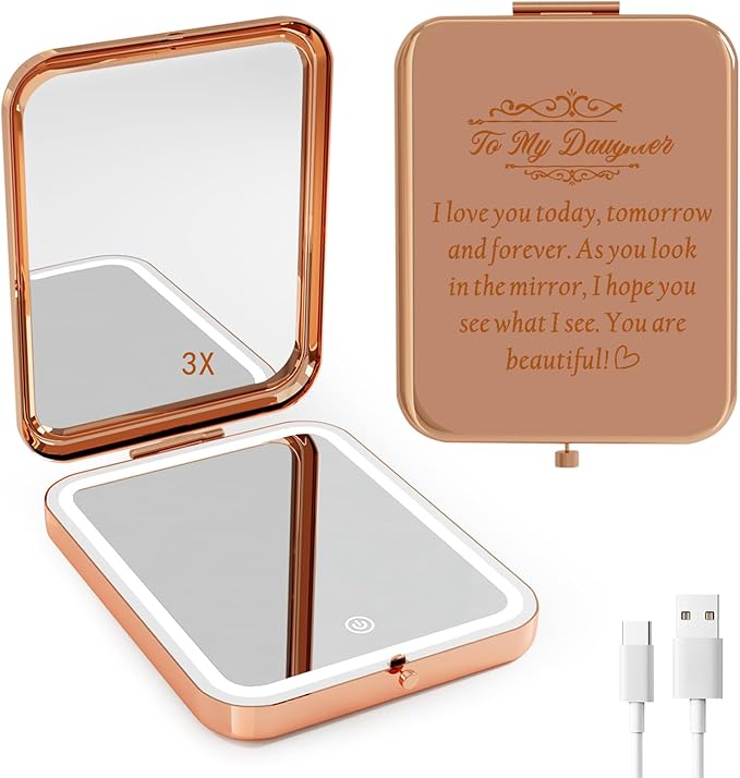 Daughter Gifts from Mom, Rose Gold Daughters Compact Mirror with Light, Birthday Gifts for Daughter from Mother, Graduation Wedding Anniversary Christmas