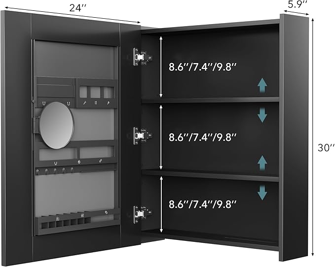 VANIRROR Bathroom Cabinet - Large Single Door 24x30 inchs Wall Cabinet Mirror Medicine Cabinet with Facial Tissues Slot and Multifunctional Storage Area