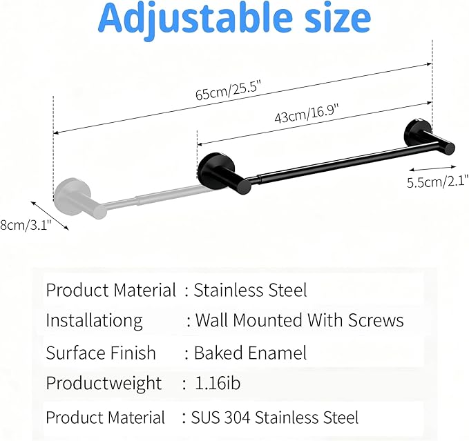 Towel Racks for Bathroom,Adjustable Single Towel Bar(16inch-25.5inch) Sturdy and Rustproof Towel Bar Wall Mounted for Bathroom Kitchen Washroom (B-Black)