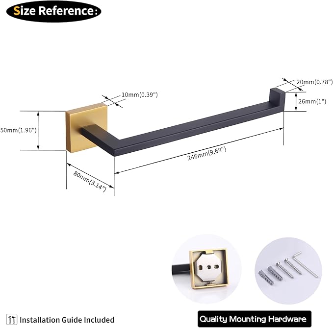 GERZWY Modern Towel Holder Contemporary Style Stainless Steel Towel Hanger Towel Ring for Bathroom Wall Mount (Black & Gold) IG1806-BD