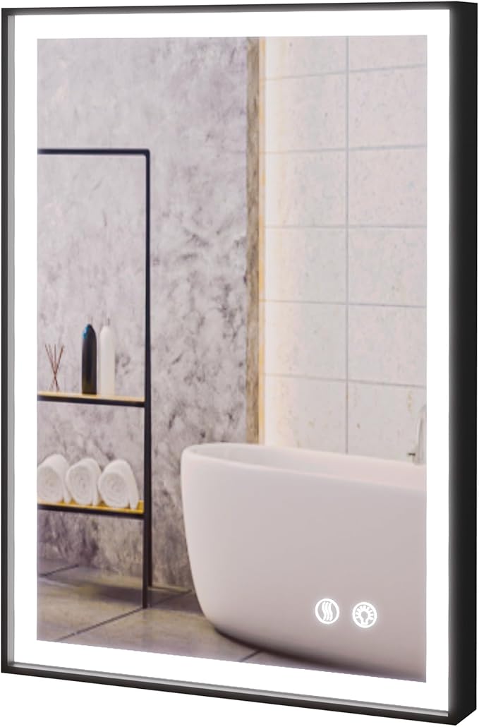 30x20 Inch LED Bathroom Mirror with Lights, Black Frame - 3 Color Modes, Touch Dimmer, Anti-Fog - Wall Mount Lighted Vanity Mirror for Makeup, Dressing Room - Fab Glass and Mirror