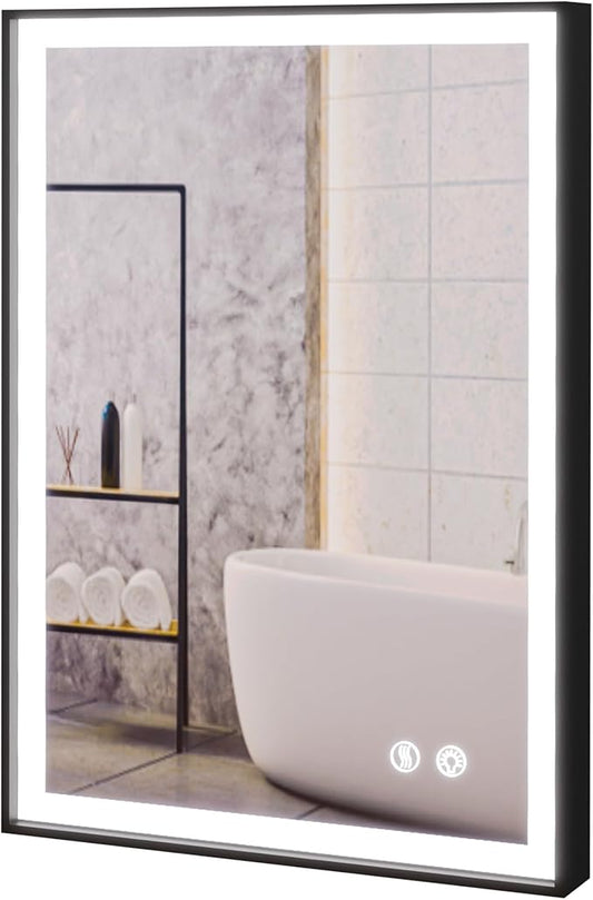 30x20 Inch LED Bathroom Mirror with Lights, Black Frame - 3 Color Modes, Touch Dimmer, Anti-Fog - Wall Mount Lighted Vanity Mirror for Makeup, Dressing Room - Fab Glass and Mirror