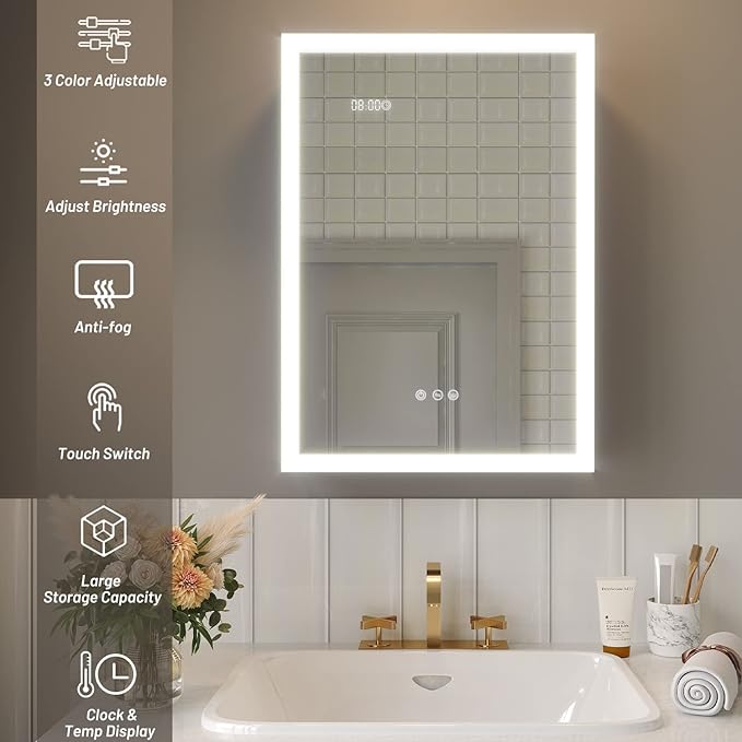 20×28 Inch Bathroom Medicine Cabinet with Lights, LED Medicine Cabinet with Mirror, Lighted Bathroom Mirror Cabinet with Storage, Digital Clock & Temp Display, Surface Mount