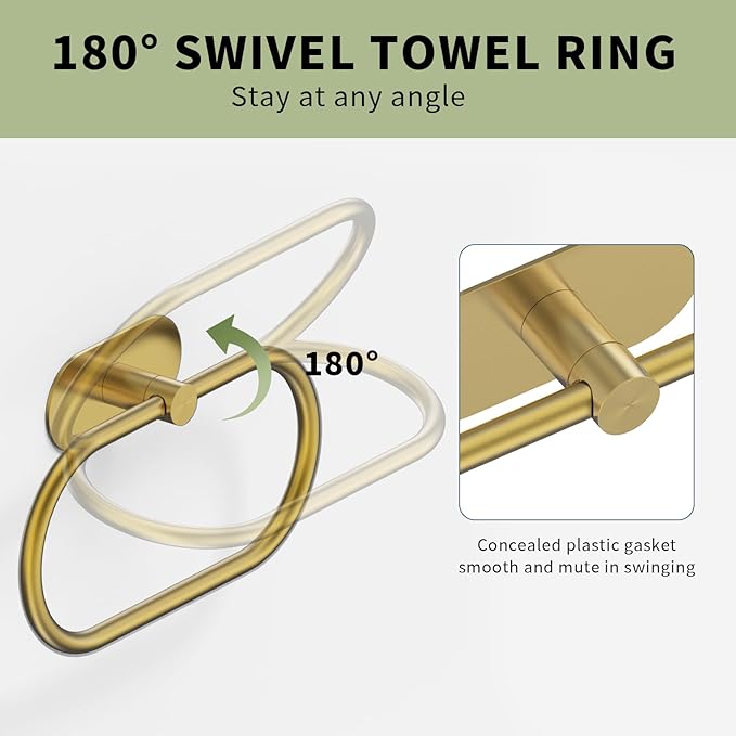 Adhesive Towel Holder for Bathroom Brushed Gold No Drill Hand Towel Ring Stainless Steel and Zinc Alloy Self Adhesive Towel Hanger for Bath, Kitchen