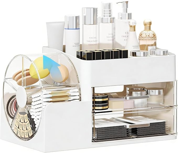 Makeup Organizer with Large Capacity, Stain-Resistant Rotating Clear Compartment and 2 Drawers for Cosmetics and Skincare Storage – Vanity Countertop Organizer for Bathroom and Bedroom (White)