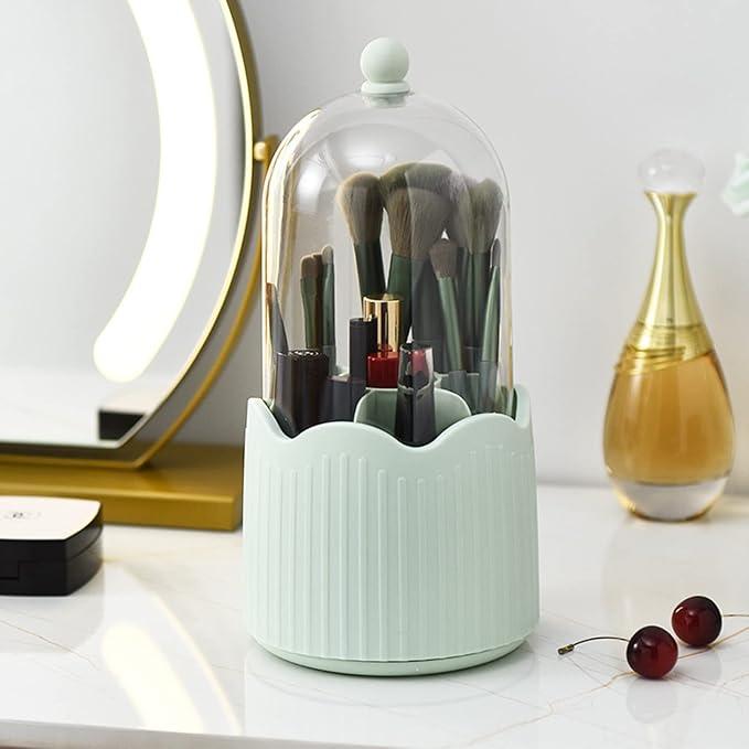 Makeup Brush Holder Organizer with Lid, Cosmetic Tools Organizer 360 Rotating Make up Brushes Storage for Vanity, Transparent & Dustproof (Mint Green)