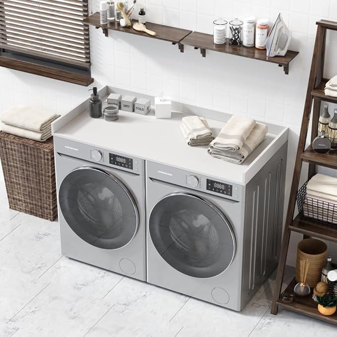 OfficeSimpli Washer Dryer Countertop, Made in USA, Non-Slip Pads, Laundry Room Wood Topper, Washer Dryer Cover for Top, Laundry Countertop, Laminate Finish (Glacier White, Extra Large (30" x 58"))