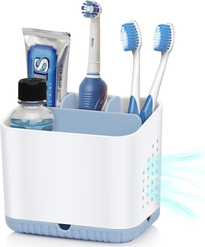 PARKMANI Toothbrush Holders for Bathrooms, Kids Electric Toothbrush and Toothpaste Holder, 4 Slots Tooth Brushing Holder for Bathroom Organizer Countertop, Bathroom Accessories (Blue)