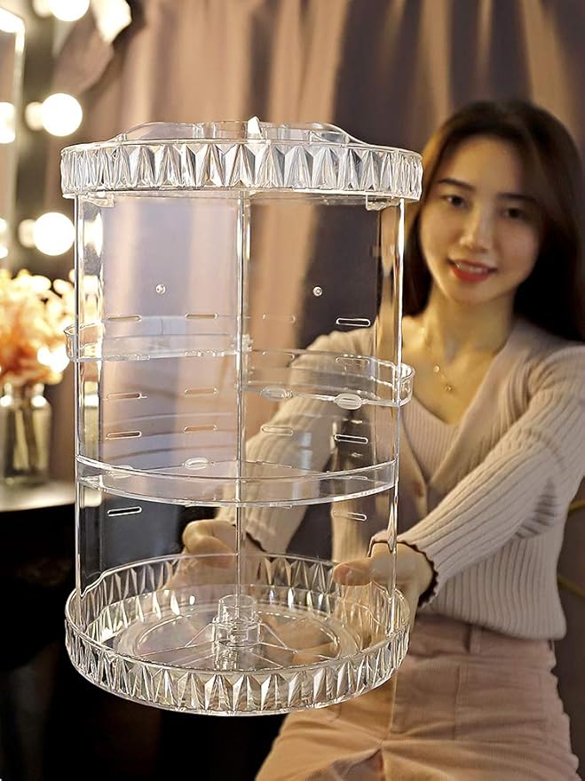 PJLANDI Acrylic 360 Degree Rotation Makeup Organizer, Cosmetic Storage holder shelf rack Perfume in Bathroom Dresser Diamond Pattern for skin care stand