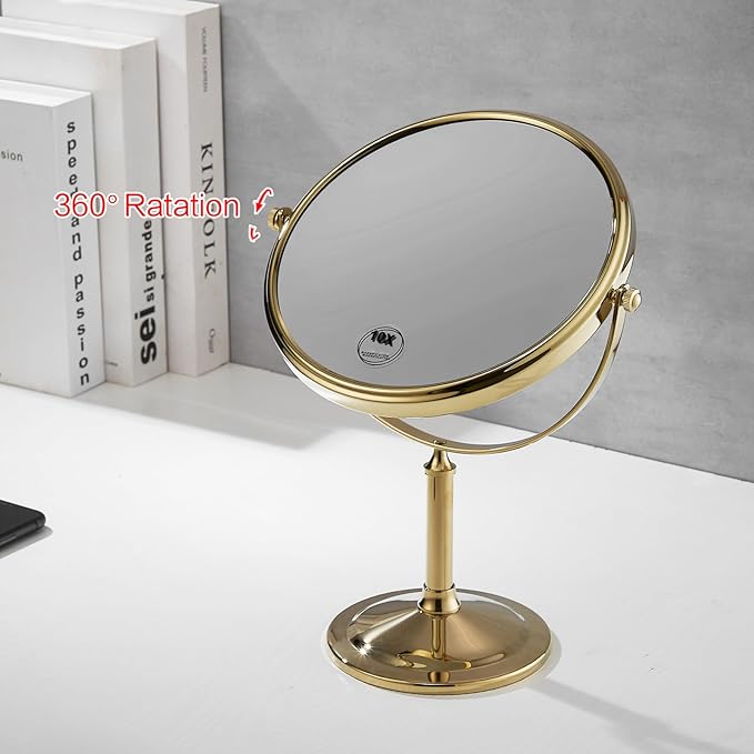 Airemoon 10x Magnifying Makeup Mirror, Standing 360-Degree Rotating Makeup Mirror, 8-Inch Gold Frame Shaving Mirror, 13-Inch Length × 9-Inch Width Beauty Mirror