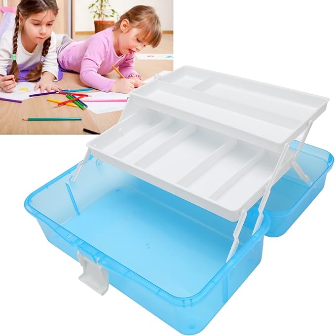 Zerodis 3 Layers Storage Box, Transparent Lid Plastic Portable Storage Box Sturdy Non Deformable Storage Case with Handle Art Craft Storage Box for Cosmetics Jewelry Nail Tools (Blue)