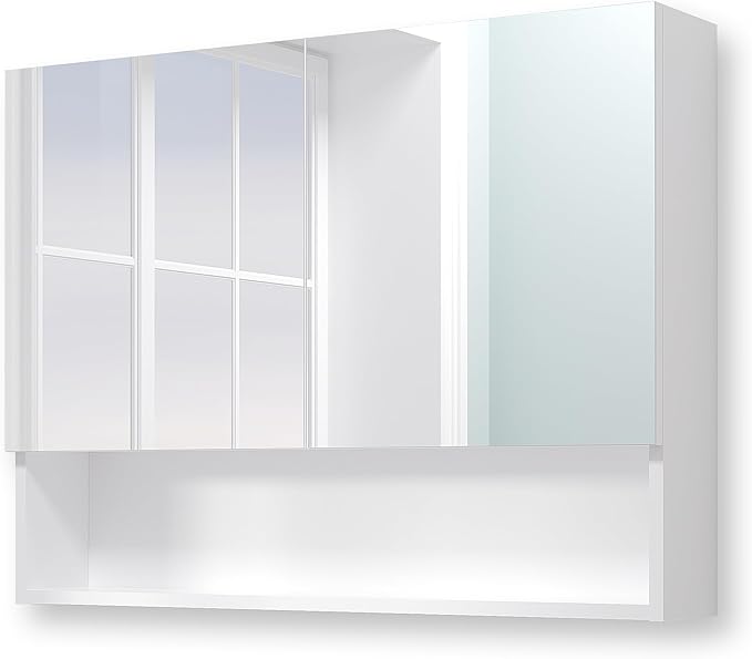 Bathroom Cabinet with Mirror, Wall Cabinet with 2 Mirrored Doors, Adjustable Shelf, Open Compartment, Wall-Mounted, 24x32 Inches, White (Assembly Required)