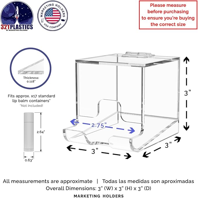 Marketing Holders Clear Acrylic Lip Balm Dispenser Retail or Home Freestanding Countertop Display with Hinged Lid for Lipsticks Glosses Chapsticks or Essential Oils
