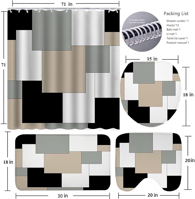 Grey Bathroom Set with Shower Curtain and Rugs, 4 Piece Geometric Set, Incl Shower Curtain with 12 Hooks, Bath Mat, U-Shaped Floor Mat, Toilet Lid Oval Rug