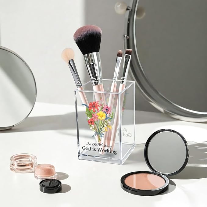 in The Waiting God is Working Acrylic Cosmetic Bible Verse Pencil Pen Holder Cup, Floral Christian Desk Organizer Accessories for Home Office Decor, Christian Faith Gifts for Women Girl Coworker