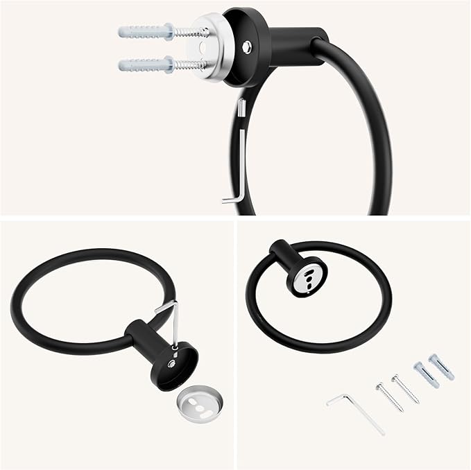 FORIOUS Towel Ring, SUS304 Stainless Steel Modern Hand Towel Holder Rack Hanger Round for Bathroom Wall Mounted, Ideal for Bath, Kitchen, RV, Matte Black