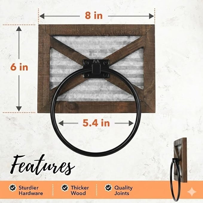 Autumn Alley Rustic Towel Holder for Bathroom, Farmhouse Hand Towel Holder, Rustic Towel Rack Holder, Wall Mounted, Western Bathroom Decor, Wood Country Decor, Galvanized Metal, Black Ring