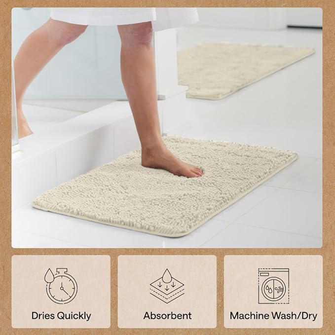 GORILLA GRIP Bath Rug Mat 48x24, Thick Absorbent Chenille, Quick Dry Microfiber Mats, Rubber Backing Washable Shower Floor Rugs, Bathmat Runner, US Designed Bathroom Home Decor Accessories Dusty Cloud