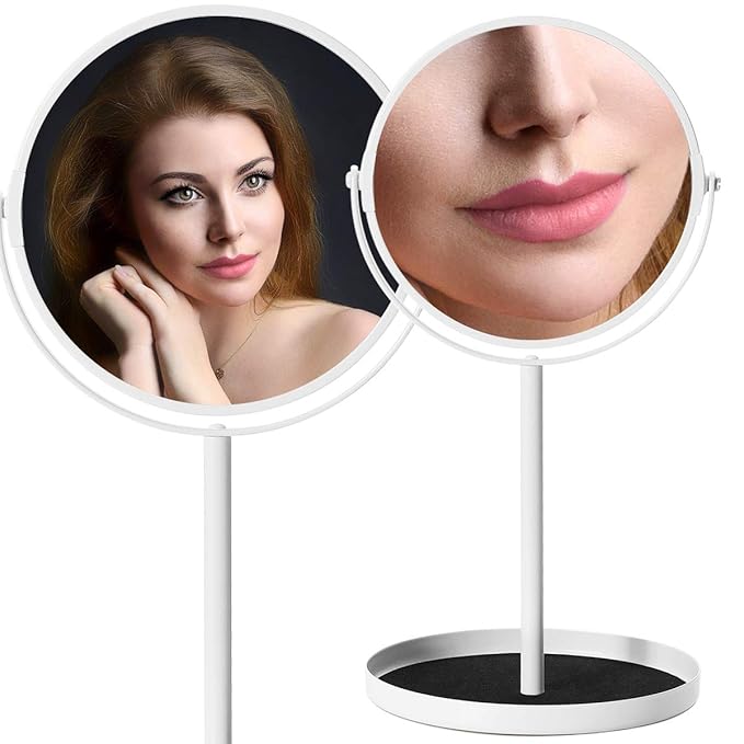 Ettori Makeup Mirror Dual Sided Vanity Mirror, 1X and 5X Magnification, 360 Swivel Round Mirror, Tabletop Mounting, No Light, White