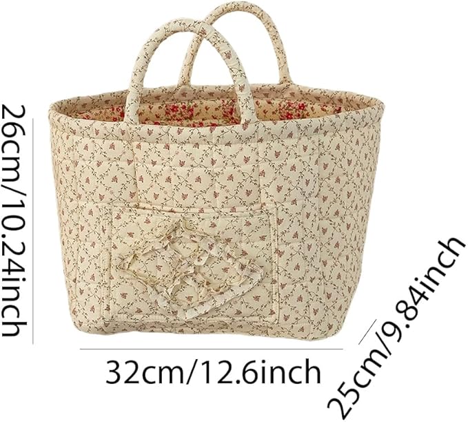 Quilted Fabric Storage Basket Boho Floral Laundry Baskets with Handles Collapsible Quilted Soft Basket for Car, Clothes, Toys Storage