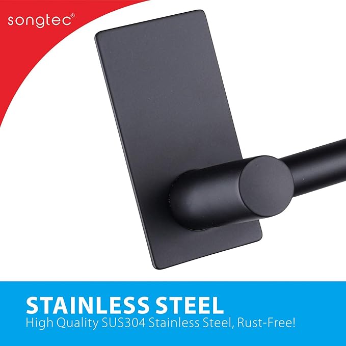 Songtec Stick Towel Bar Black 12-Inch, Adhesive Bath Towel Rack No Drill, Strong Adhesion Tape Mount Towel Holder, Stainless Steel - Black