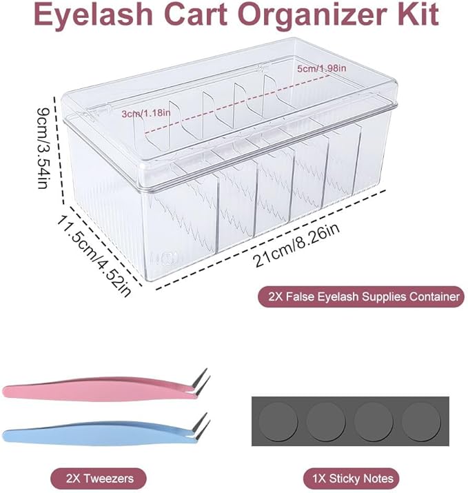2PCS Acrylic Lashes Organizer, Eyelash Storage Box with 2PCS Tweezers and Sticky Notes, Large Capacity Eyelash Extension Supplies Organizer with Lid, Neatly Store and Organize Your Lash Supplies