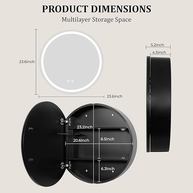 WallBeyond 24 in Round LED Medicine Cabinet with Mirror, Black Bathroom Cabinet with Storage, 3 Color Stepless Dimmable Lights, Anti-Fog, Memory Function, Hardwired, Surface Mount