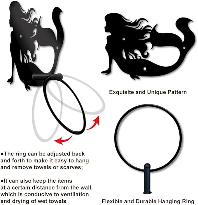 MAYJOYDIY Mermaid Metal Towel Ring Mermaid Sea Hand Towel Holder Round Ocean Theme Towel Hangers Black Bathroom Towel Rack Wall Mounted for Kitchen Bath Home Laundry Room Decors Gifts