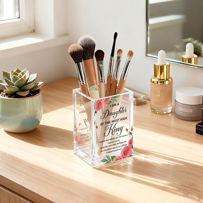 I Am A Daughter of The Most High King Acrylic Pencil Holder Cup, Bible Verse Inspirational Pen Holder for Home Desk, 2 Corinthians 6:18 Christian Gifts for Women Girls, Makeup Brushes Organizer