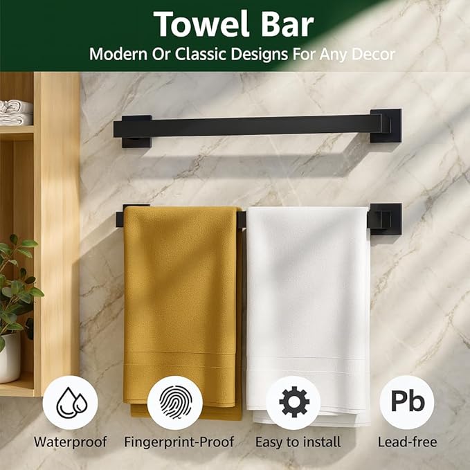 Matte Black Bathroom Hardware Set, 5-Piece SUS304 Stainless Steel Towel Bar Set, 23.8 Inch Wall Mounted Bathroom Accessories, Includes Toilet Paper Holder, Towel Ring & Hooks