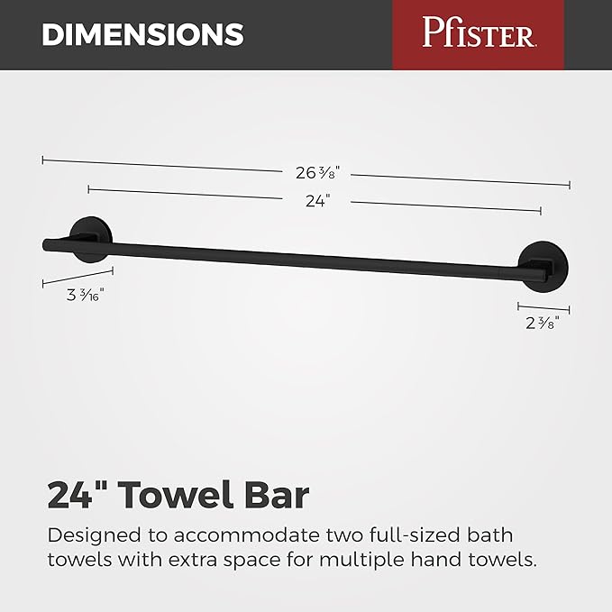 Pfister Capistrano Bath Towel Bar for Bathroom, 24-Inch, Wall-Mounted, Screw-in, Matte Black Finish, BTBCSO2B