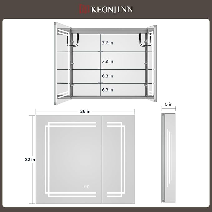 Keonjinn 36 x 32 Inch Lighted Medicine Cabinet, Large Medicine Cabinet with LED Bathroom Mirror, Tempered Glass, Adjustable Shelves, Double Doors, 3 Color Temperature, Anti-Fog, Surface Mount Only