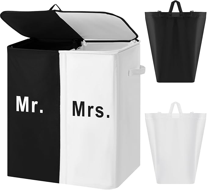 DoubleFill 154L Large Double Laundry Hamper with Lid and Removable Bags Laundry Basket 2 Section Collapsible Dirty Clothes Hamper for Bathroom Bedroom for Husband&Wife Parents or Couple (Mr. Mrs.)