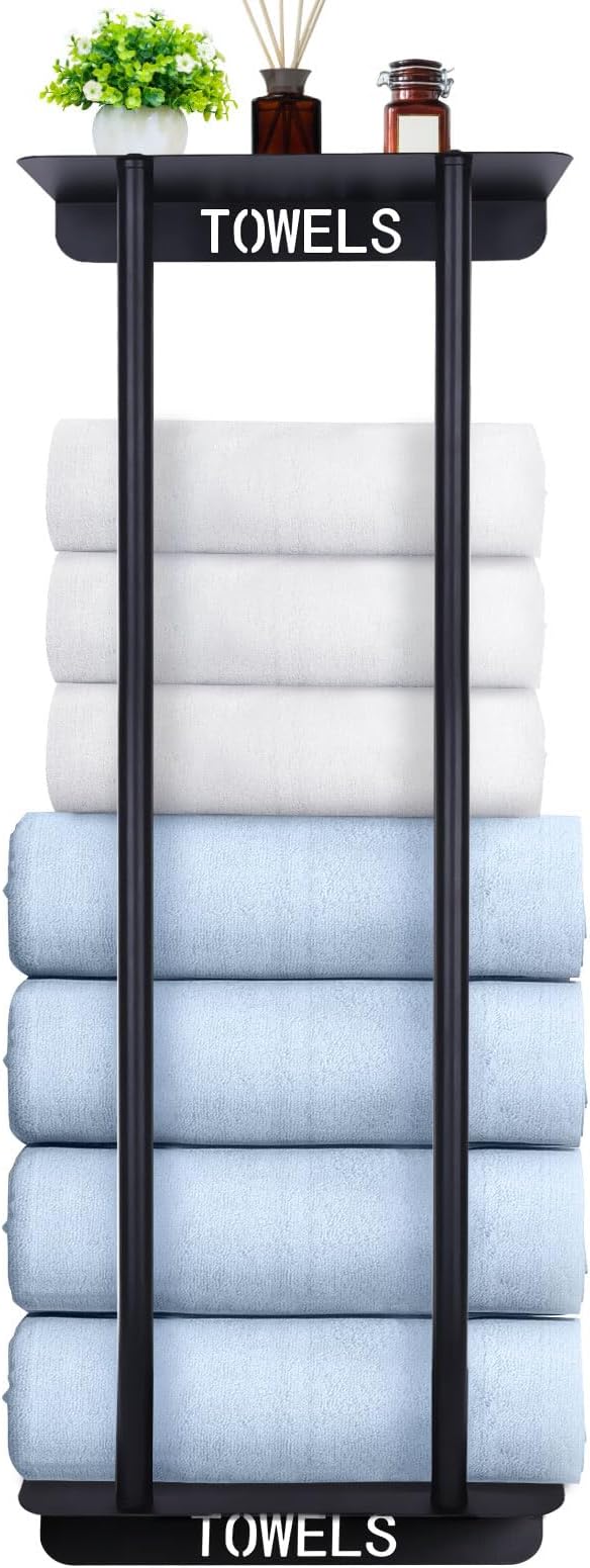 Bathroom Towel Storage Rack,30 Inch Towel Racks for Bathroom Wall Mounted with Shelf Can Holds 8 Large Towels, Metal Wall Towel Rack for Rolled Towels,Folded Towels (Black)