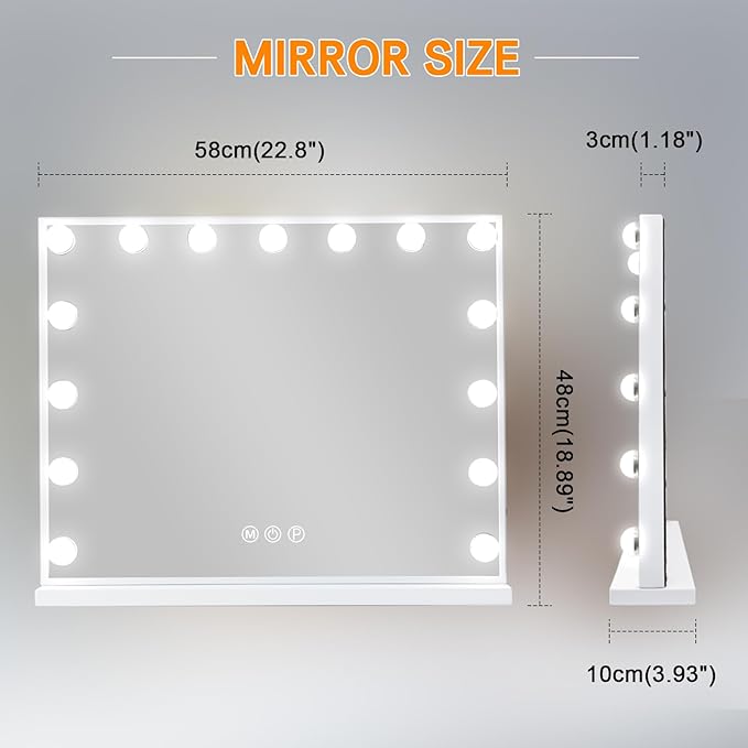 FENCHILIN Vanity Mirror with Lights, 22.8"x 18.1" Hollywood Makeup Mirror with 15 LED Dimmable Bulbs Lighted Vanity Mirror with USB Charging Port 10X Magnification Tabletop for Bedroom