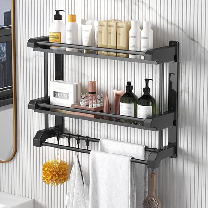 Bathroom Shelf Organizer - 2 Tier Storage Shelf with Adjustable Hook Wall Mounted Shelf Rack, Use for Bathroom-A