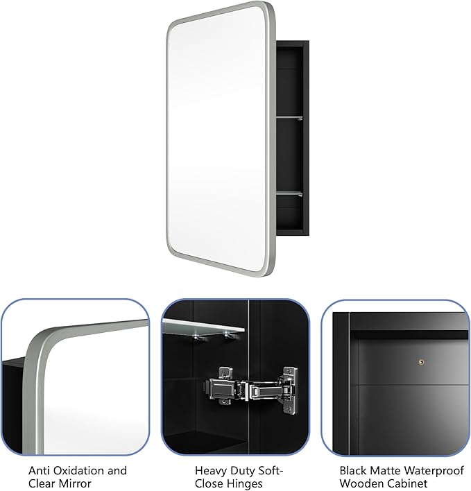 AGDULL Vintage-Style Bathroom Wood Black Cabinet with 16.5''x24'' Brushed Nickel Metal Frame Curved Mirror, Recessed Medicine Cabinet, Bathroom Storage Cabinet