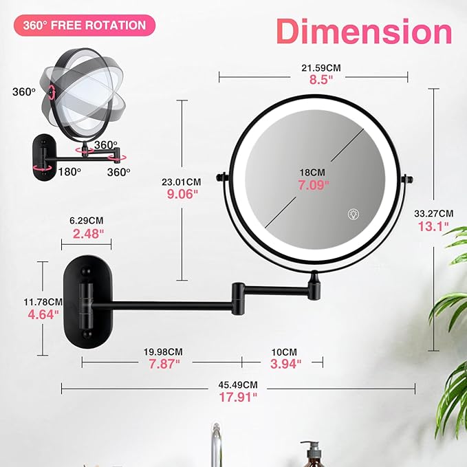 GREENFROM Magnifying Mirror with Lights 1x/15x Rechargeable: 8.5 inch Wall Mounted Lighted Makeup Mirror for Bathroom