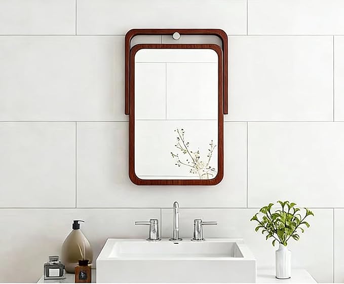 Honeystore Solid Wood Makeup Mirror, 360° Rotating Desktop Vanity Mirror, 9" x 7.1" HD Silver Mirror, Natural Wood Frame, Portable Tabletop & Wall Hanging Cosmetic Mirror (Dark Brown)