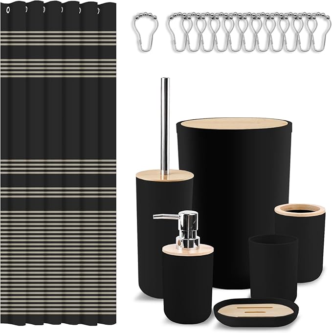 Bathroom Accessories Set - 19 PCS Black Bathroom Set with Shower Curtain, Trash Can, Toilet Brush Holder Toothbrush Holder & Dispenser - Modern Bamboo Plastic Complete Bath Decor for Apartment