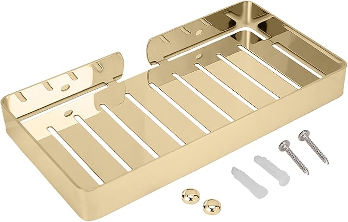 FTVOGUE Bathroom Shelf Storage, Stainless Steel Wall Mount Rack, Drain Rack for Kitchen and Bathroom Organizing Shampoo and Dispenser, Black Finish, 23x12cm (Gold)